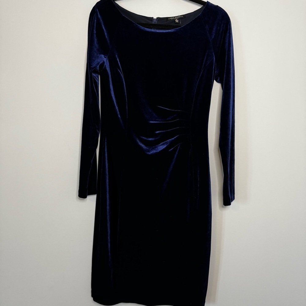 Linea Domani Navy Blue Velvet Long Sleeve Dress- Holiday Party Dress Size 8